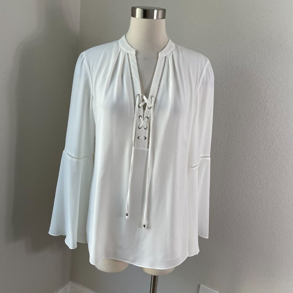 White House Black Market White Lace-Up Peasant Blouse Dress Shirt